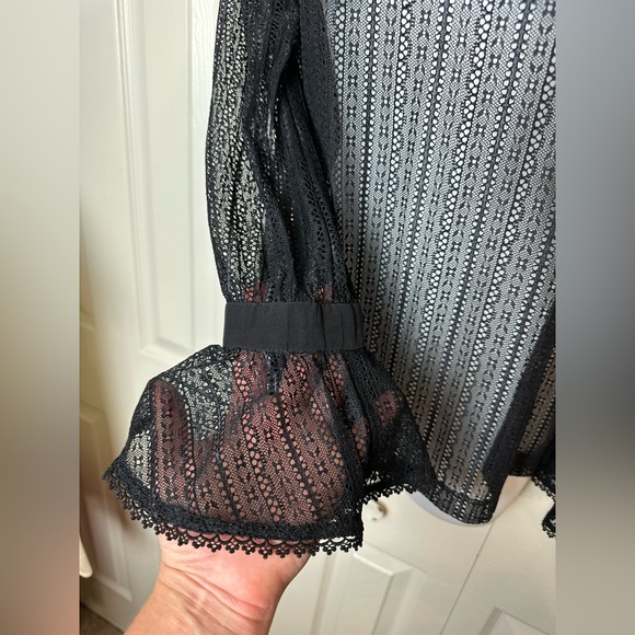 TRINA TURK Cicero Mock Neck Black Noir Lace Blouse Top Shirt Semi Sheer Ruffle - Picture 11 of 15